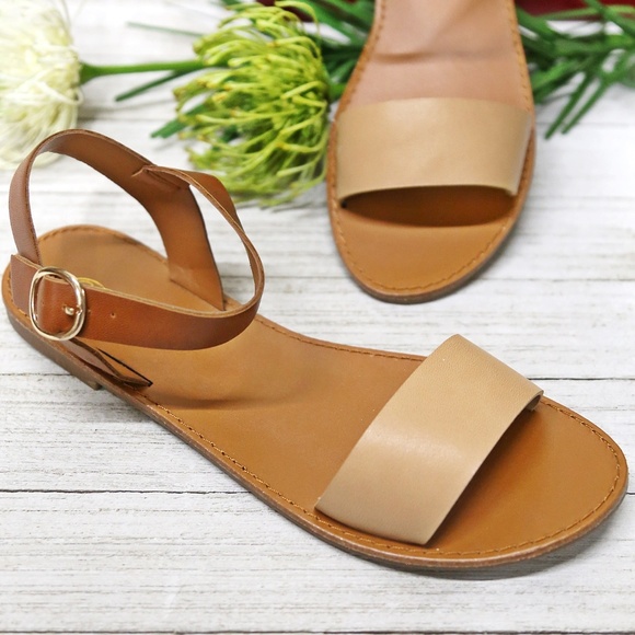 tan flat ankle strap sandals